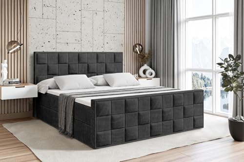 ALTDECOR Boxspringbett mit Matratze und Lattenrost, Boxbett, Fußteil, Topper, Polsterbett mit Bettkasten, Bett mit Stauraum H3-Matratze, Doppelbett, Springboxbett -Zafira - 180x200 - Schwarz Samt von ALTDECOR