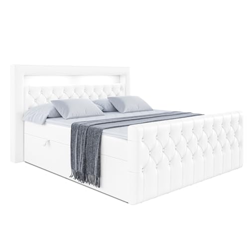 ALTDECOR Boxspringbett mit H3-Matratze (20 cm hoch) mit Bonellfederung, Kunstlederbett, Topper (4 cm hoch), Polsterbett mit Kopfteil, Bettkasten und LED - Aurora - 160x200 Weiß Kunstleder von ALTDECOR