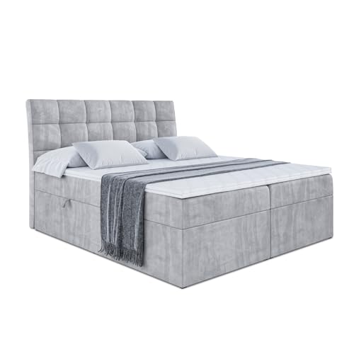 ALTDECOR Boxspringbett mit H3-Matratze (20 cm hoch) mit Bonellfederung, Kunstlederbett, Topper (4 cm hoch), Polsterbett mit Kopfteil und Bettkasten - APO - 120x200 - Grau Monolith 84 von ALTDECOR