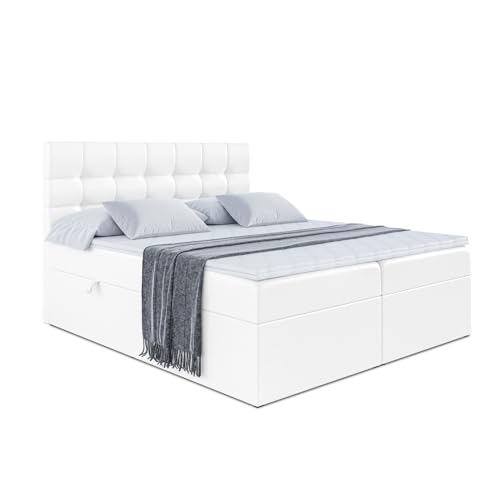 ALTDECOR Boxspringbett mit H3-Matratze (20 cm hoch) mit Bonellfederung, Kunstlederbett, Topper (4 cm hoch), Polsterbett mit Kopfteil und Bettkasten - BERO - 120x200 - Weiß Kunstleder von ALTDECOR