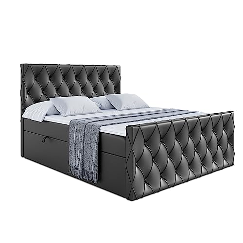 ALTDECOR Boxspringbett mit H3-Matratze (20 cm hoch) mit Bonellfederung, Kunstlederbett, Topper (4 cm hoch), Polsterbett mit Kopfteil und Bettkasten - Amay - 160x200 - Schwarz Kunstleder von ALTDECOR