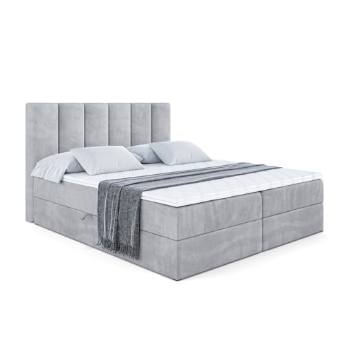 ALTDECOR Boxspringbett mit H3-Matratze (20 cm hoch) mit Bonellfederung, PUR, Topper (5 cm hoch), Polsterbett mit Kopfteil und Bettkasten - BOXI1-180x200 - Grau Monolith 84 von ALTDECOR