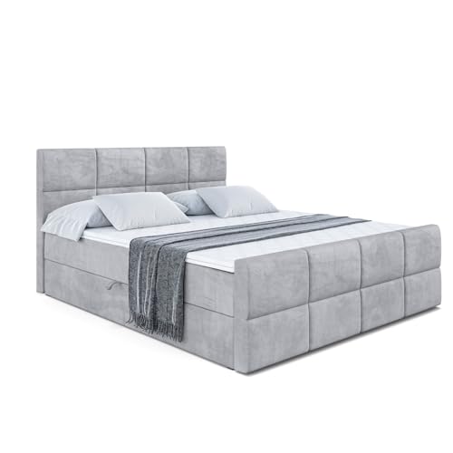 ALTDECOR Boxspringbett mit H3-Matratze (20 cm hoch) mit Bonellfederung, PUR, Topper (5 cm hoch), Polsterbett mit Kopfteil und Bettkasten - ARDENI-Z - 160x200 - Grau Monolith 84 von ALTDECOR