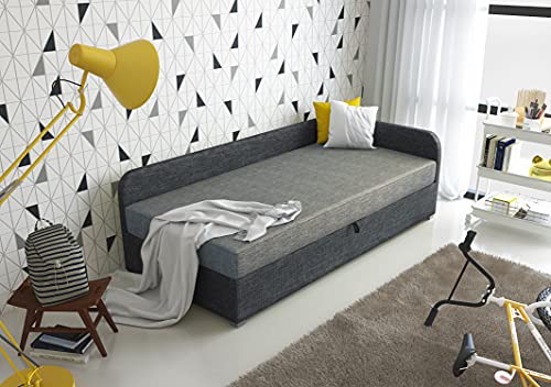 ALTDECOR Boxspringbett mit H3-Matratze (20 cm hoch) mit Bonellfederung + PUR, Einzelbett mit Bettkasten - Öffnung RECHTS - Uni - 90x200 - Hellgrau/Grau von ALTDECOR