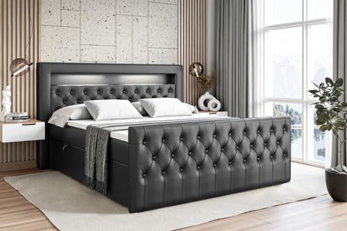ALTDECOR Boxspringbett mit Matratze und Lattenrost, LED Boxbett, Topper, Fußteil, Polsterbett mit Bettkasten, Bett mit Stauraum H3-Matratze, Doppelbett - Aurora - 200x200 - Schwarz Kunstleder von ALTDECOR