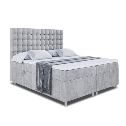 ALTDECOR Boxspringbett mit H3-Matratze (20 cm hoch) mit Bonellfederung + PUR, Kunstlederbett Topper (4 cm hoch), Polsterbett mit Kopfteil und Bettkasten - VIONE - 200x200 - Grau Monolith 84 von ALTDECOR