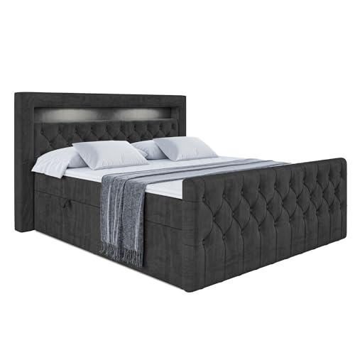 ALTDECOR Boxspringbett mit H3-Matratze (20 cm hoch) mit Bonellfederung + PUR, Topper (4 cm hoch), Polsterbett mit Kopfteil, Bettkasten und LED - Aurora - 140x200 - Schwarz Samt von ALTDECOR