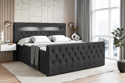 ALTDECOR Boxspringbett mit Matratze und Lattenrost, LED Boxbett, Topper, Fußteil, Polsterbett mit Bettkasten, Bett mit Stauraum H3-Matratze, Doppelbett - Aurora - 180x200 - Schwarz Samt von ALTDECOR