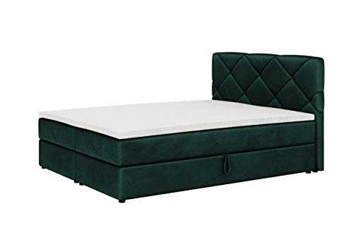 ALTDECOR Boxspringbett mit H3-Matratze (20 cm hoch) mit Bonellfederung + PUR, Topper (4 cm hoch), Polsterbett mit Kopfteil und Bettkasten - KROSSI - 120x200 - Dunkelgrün von ALTDECOR