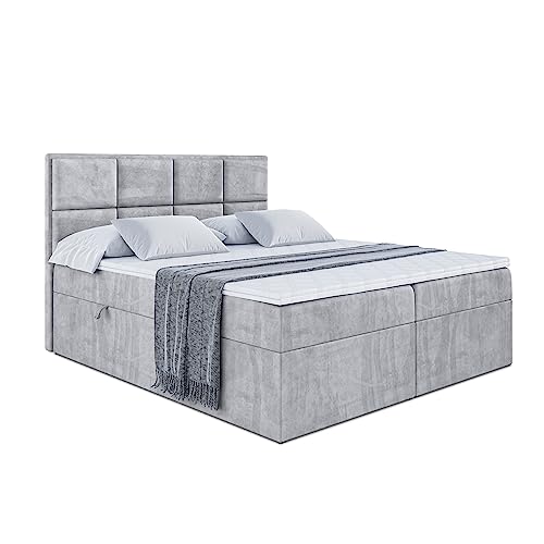 ALTDECOR Boxspringbett mit H3-Matratze (20 cm hoch) mit Bonellfederung + PUR, Topper (4 cm hoch), Polsterbett mit Kopfteil und Bettkasten - GALMA - 120x200 - Grau Monolith 84 von ALTDECOR