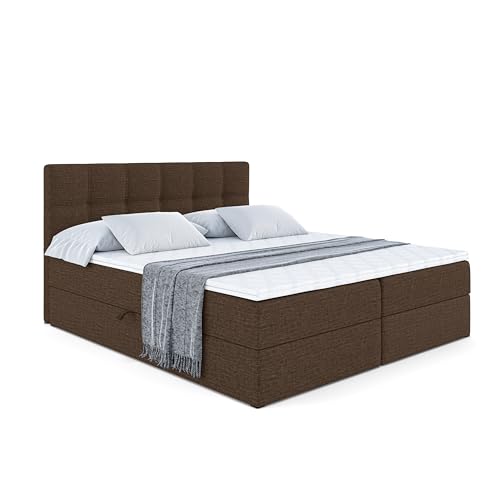 ALTDECOR Boxspringbett mit H3-Matratze (20 cm hoch) mit Bonellfederung + PUR, Topper (4 cm hoch), Polsterbett mit Kopfteil und Bettkasten - Marce - 160x200 - Braun von ALTDECOR