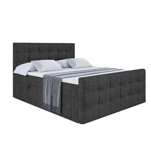 ALTDECOR Boxspringbett mit H3-Matratze (20 cm hoch) mit Bonellfederung + PUR, Topper (4 cm hoch), Polsterbett mit Kopfteil und Bettkasten - SOLARIO - 160x200 - Schwarz Samt von ALTDECOR