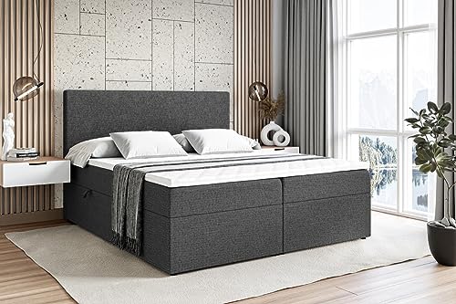 ALTDECOR Boxspringbett mit H3-Matratze (20 cm hoch) mit Bonellfederung + PUR, Topper (4 cm hoch), Polsterbett mit Kopfteil und Bettkasten - LUKI - 180x200 - Dunkelgrau Inari 96 von ALTDECOR