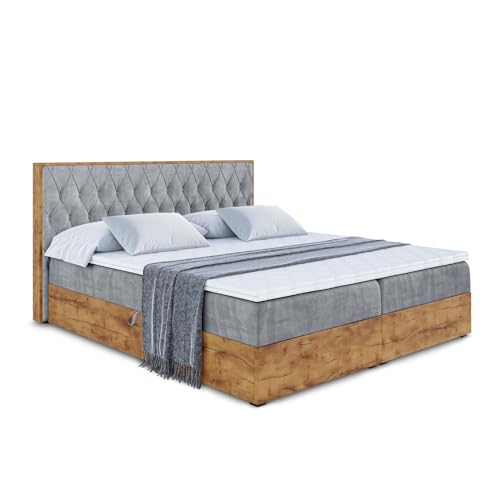 ALTDECOR Boxspringbett mit H3-Matratze (20 cm hoch) mit Bonellfederung + PUR, Topper (4 cm hoch), Polsterbett mit Kopfteil und Bettkasten mit Eiche Holz - LOLLI5-120x200 Grau Samt von ALTDECOR