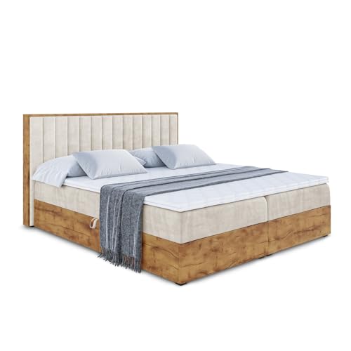 ALTDECOR Boxspringbett mit H3-Matratze (20 cm hoch) mit Bonellfederung + PUR, Topper (4 cm hoch), Polsterbett mit Kopfteil und Bettkasten mit Eiche Holz - LOLLI4-140x200 Beige Samt von ALTDECOR