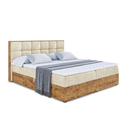 ALTDECOR Boxspringbett mit H3-Matratze (20 cm hoch) mit Bonellfederung + PUR, Topper (4 cm hoch), Polsterbett mit Kopfteil und Bettkasten mit Eiche Holz - LOLLI2-160x200 Beige Samt von ALTDECOR