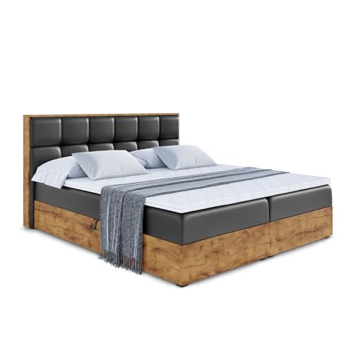 ALTDECOR Boxspringbett mit H3-Matratze (20 cm hoch) mit Bonellfederung + PUR, Topper (4 cm hoch), Polsterbett mit Kopfteil und Bettkasten mit Eiche Holz - LOLLI7-200x200 Schwarz Kunstleder von ALTDECOR