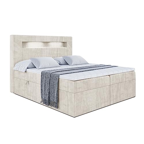 ALTDECOR Boxspringbett mit H3-Matratze (20 cm hoch) mit Bonellfederung + PUR, Topper (4 cm hoch), Polsterbett mit Kopfteil und Bettkasten mit LED-ORGOL 2-200x200 - Beige Samt von ALTDECOR