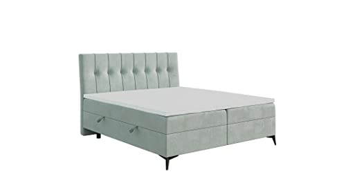 ALTDECOR Boxspringbett mit H3-Matratze (20 cm hoch) mit Bonellfederung + PUR, Topper (5 cm hoch), Polsterbett mit Kopfteil und Bettkaste - Leine - 180x200 - Türkis (Magic Velvet 2259) von ALTDECOR