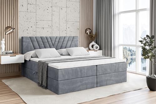 ALTDECOR Boxspringbett mit Matratze und Lattenrost, Boxbett, Topper, Polsterbett mit Bettkasten, Bett mit Stauraum H3-Matratze, Doppelbett, Springboxbett - ERNINA - 160x200 - Grau Samt von ALTDECOR