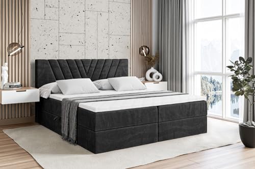 ALTDECOR Boxspringbett mit Matratze und Lattenrost, Boxbett, Topper, Polsterbett mit Bettkasten, Bett mit Stauraum H3-Matratze, Doppelbett, Springboxbett - ERNINA - 200x200 - Schwarz Samt von ALTDECOR
