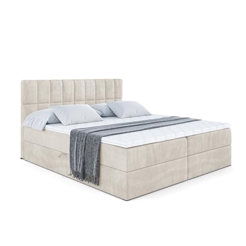 ALTDECOR Boxspringbett mit H3-Matratze (20 cm hoch) mit Bonellfederung + PUR, Topper (5 cm hoch), Polsterbett mit Kopfteil und Bettkasten - Miami - 200x200 - Beige Samt von ALTDECOR