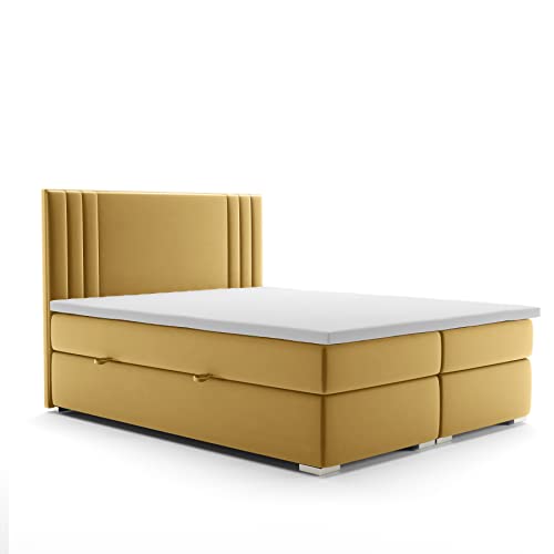 ALTDECOR Boxspringbett mit H3-Matratze (20 cm hoch) mit Bonellfederung + PUR, Topper (5 cm hoch), Polsterbett mit Kopfteil und Bettkasten - Mori - M.V 2215 Senfgelb 140x200 von ALTDECOR