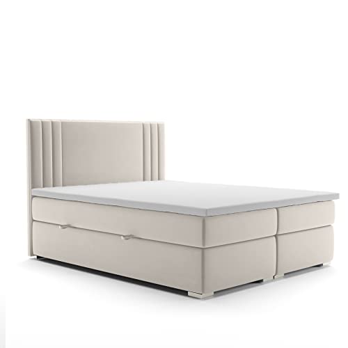 ALTDECOR Boxspringbett mit H3-Matratze (20 cm hoch) mit Bonellfederung + PUR, Topper (5 cm hoch), Polsterbett mit Kopfteil und Bettkasten - Mori - M.V 2239 Beige 200x200 von ALTDECOR