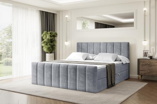 ALTDECOR Boxspringbett mit Matratze und Lattenrost, Boxbett, Topper, Fußteil, Polsterbett mit Bettkasten, Bett mit Stauraum H3-Matratze, Doppelbett, Springboxbett - OTTA-Z - 180x200 - Grau Samt von ALTDECOR