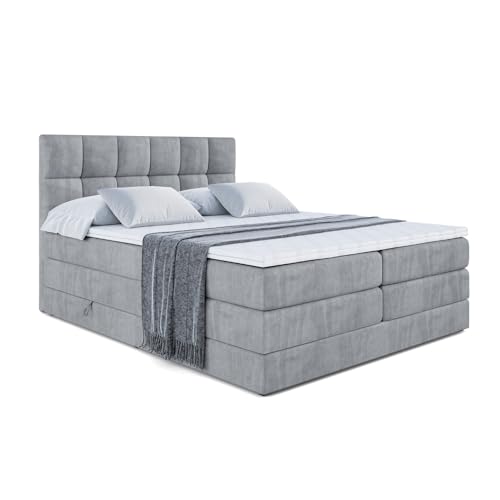 ALTDECOR Boxspringbett mit H3 Matratze-Bonellfederung, H4 Multipocket-Matratze (18 cm hoch) PUR, Topper (4 cm hoch), Polsterbett mit Kopfteil und Bettkasten RICAR King 160x200 - Grau Samt von ALTDECOR