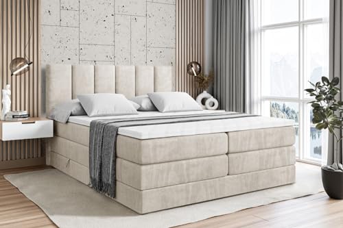 ALTDECOR Boxspringbett mit Matratze und Lattenrost, Topper, Polsterbett mit Bettkasten, Bett mit Stauraum H3- und H4- Matratze, Doppelbett, Springboxbett - BOXI1 King - 140x200 - Beige Samt von ALTDECOR