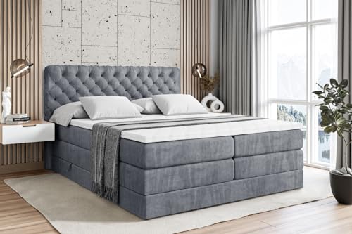 ALTDECOR Boxspringbett mit Matratze und Lattenrost, Topper, Polsterbett mit Bettkasten, Bett mit Stauraum H3- und H4- Matratze, Doppelbett, Springboxbett - BOXI8 King - 180x200 - Grau Samt von ALTDECOR