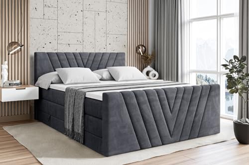 ALTDECOR Boxspringbett mit Matratze und Lattenrost, Topper, Fußteil,Polsterbett mit Bettkasten, Bett mit Stauraum H3- und H4- Matratze, Doppelbett - ERNINA-Z King - 180x200 - Dunkelgrau Samt von ALTDECOR
