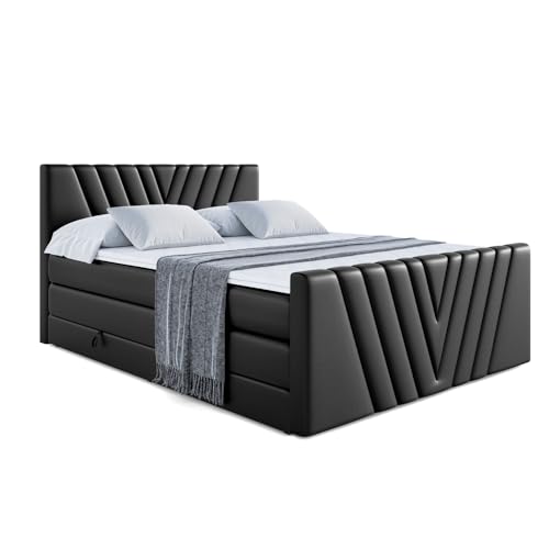 ALTDECOR Boxspringbett mit H3 Matratze-Bonellfederung, H4 Multipocket-Matratze (20 cm hoch) PUR, Topper (5 cm hoch), Polsterbett mit Kopfteil und Bettkasten-ERNINA-Z KING-180x200-Schwarz Kunstleder von ALTDECOR