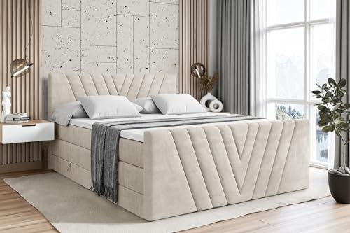ALTDECOR Boxspringbett mit Matratze und Lattenrost, Topper, Fußteil,Polsterbett mit Bettkasten, Bett mit Stauraum H3- und H4- Matratze, Doppelbett - ERNINA-Z King - 160x200 - Beige Samt von ALTDECOR