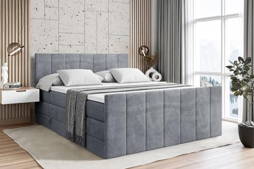ALTDECOR Boxspringbett mit Matratze und Lattenrost, Topper, Fußteil,Polsterbett mit Bettkasten, Bett mit Stauraum H3- und H4- Matratze, Doppelbett, Springboxbett - MOETI-Z King - 200x200 - Grau Samt von ALTDECOR