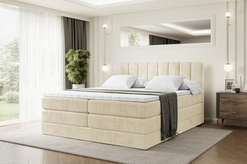 ALTDECOR Boxspringbett mit Matratze und Lattenrost, Topper, Polsterbett mit Bettkasten, Bett mit Stauraum H3- und H4- Matratze, Doppelbett, Springboxbett - OTTA King - 180x200 - Beige Monolith von ALTDECOR