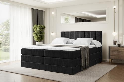 ALTDECOR Boxspringbett mit Matratze und Lattenrost, Topper, Polsterbett mit Bettkasten, Bett mit Stauraum H3- und H4- Matratze, Doppelbett, Springboxbett - OTTA King - 200x200 - Schwarz Samt von ALTDECOR
