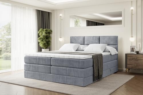 ALTDECOR Boxspringbett mit Matratze und Lattenrost, Topper, Polsterbett mit Bettkasten, Bett mit Stauraum H3- und H4- Matratze, Doppelbett, Springboxbett - Ohio King - 180x200 - Grau Samt von ALTDECOR