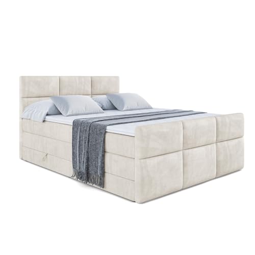 ALTDECOR Boxspringbett mit H3 Matratze-Bonellfederung, H4 Multipocket-Matratze (20 cm hoch) PUR, Topper (5 cm hoch), Polsterbett mit Kopfteil und Bettkasten - Ohio-Z King - 180x200 - Beige Samt von ALTDECOR