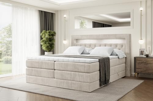 ALTDECOR Boxspringbett mit Matratze und Lattenrost, LED, Topper, Polsterbett mit Bettkasten, Bett mit Stauraum H3- und H4- Matratze, Doppelbett, Springboxbett - Noel Gold King - 140x200 - Beige Samt von ALTDECOR