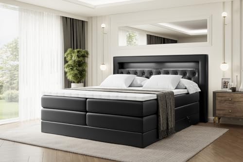 ALTDECOR Boxspringbett mit Matratze und Lattenrost, LED, Topper, Polsterbett mit Bettkasten, Bett mit Stauraum H3- und H4- Matratze, Doppelbett - Noel Gold King - 200x200 - Schwarz Kunstleder von ALTDECOR
