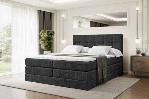 ALTDECOR Boxspringbett mit Matratze und Lattenrost, Topper, Polsterbett mit Bettkasten, Bett mit Stauraum H3- und H4- Matratze, Doppelbett, Springboxbett - Marce King - 180x200 - Schwarz Samt von ALTDECOR