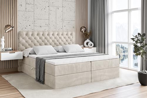 ALTDECOR Boxspringbett mit Matratze und Lattenrost, Boxbett, Topper, Polsterbett mit Bettkasten, Bett mit Stauraum H4-Matratze, Doppelbett, Springboxbett - BOXI8-140x200 Beige Samt von ALTDECOR