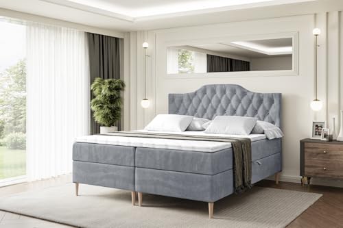 ALTDECOR Boxspringbett mit Holz Füßen, Matratze und Lattenrost, Boxbett, Topper, Polsterbett mit Bettkasten, Bett mit Stauraum H4-Matratze, Doppelbett - VILA-1-FD- 140x200 - Grau Samt von ALTDECOR