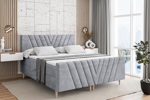ALTDECOR Boxspringbett mit Holz Füßen, Matratze und Lattenrost, Topper, Fußteil, Polsterbett mit Bettkasten, Bett mit Stauraum H3-Matratze, Doppelbett - ERNINA-FD-Z - 160x200 - Grau Monolith von ALTDECOR