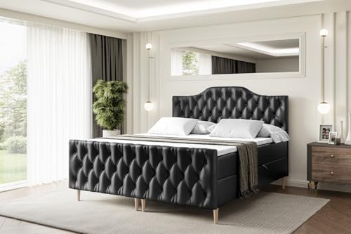 ALTDECOR Boxspringbett mit Holz Füßen, Matratze und Lattenrost, Topper, Fußteil, Polsterbett mit Bettkasten, Bett mit Stauraum H3-Matratze, Doppelbett - VILA-1-FD-Z - 120x200 - Schwarz Kunstleder von ALTDECOR