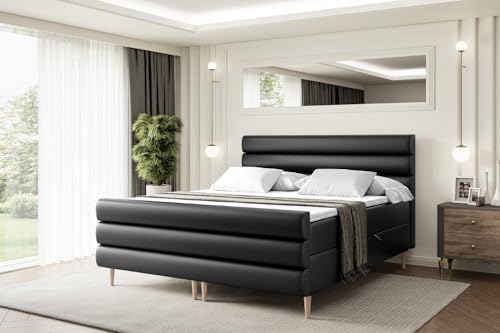 ALTDECOR Boxspringbett mit Holz Füßen, Matratze und Lattenrost, Topper, Fußteil, Polsterbett mit Bettkasten, Bett mit Stauraum H3-Matratze - Celestia-FD-Z - 180x200 - Schwarz Kunstleder von ALTDECOR