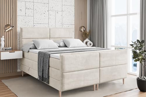 ALTDECOR Boxspringbett mit Holz Füßen, Matratze und Lattenrost, Topper, Fußteil, Polsterbett mit Bettkasten, Bett mit Stauraum H3- und H4- Matratze -Aura-FD-Z KING-180x200 - Beige Monolith von ALTDECOR