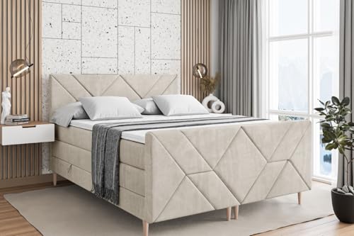 ALTDECOR Boxspringbett mit Holz Füßen, Matratze und Lattenrost, Topper, Fußteil, Polsterbett mit Bettkasten, Bett mit Stauraum H3- und H4- Matratze -BARWA-FD-Z KING-160x200 - Beige Monolith von ALTDECOR